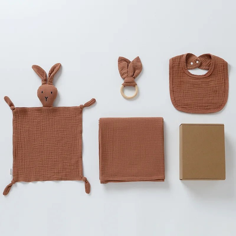 Ensemble de 4 pieces avec nom personnalisé, couverture pour bébé en mousseline de coton, serviettes pour bébé, anneau de dentition pour bébé, bavoirs pour bébé. Ensemble cadeaux pour nouveau - né. - Mode bébé