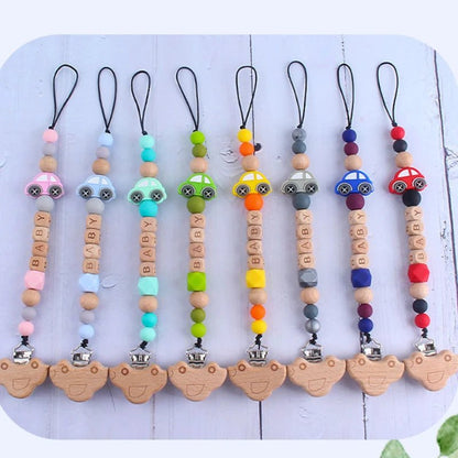 Baby Pacifier Clips Personalized Name Wooden Car Dummy Nipples Holder Clip Chain Newborn Teething Toy Accessories Infant Feeding - Mode bébé