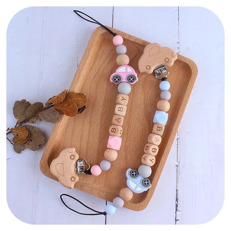 Baby Pacifier Clips Personalized Name Wooden Car Dummy Nipples Holder Clip Chain Newborn Teething Toy Accessories Infant Feeding - Mode bébé