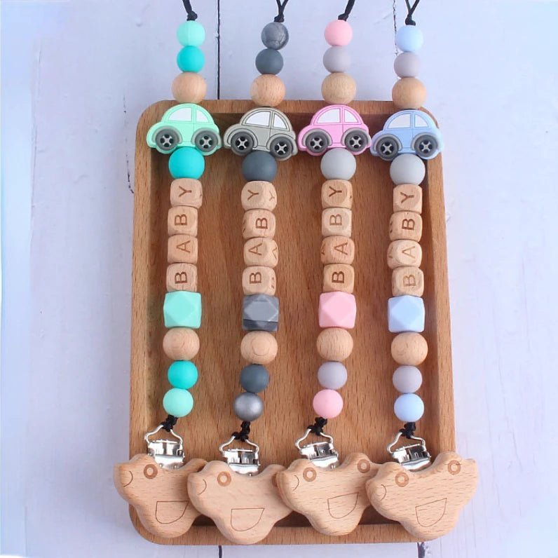 Baby Pacifier Clips Personalized Name Wooden Car Dummy Nipples Holder Clip Chain Newborn Teething Toy Accessories Infant Feeding - Mode bébé