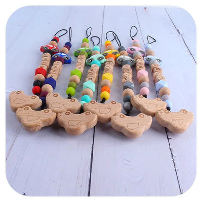 Baby Pacifier Clips Personalized Name Wooden Car Dummy Nipples Holder Clip Chain Newborn Teething Toy Accessories Infant Feeding - Mode bébé